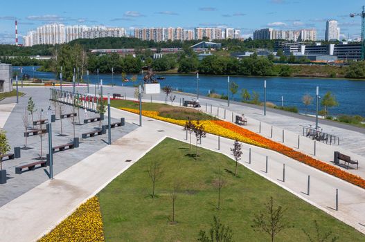 Krasnogorsk, Russia - July 22. 2021. Moskva river embankment after a renovation