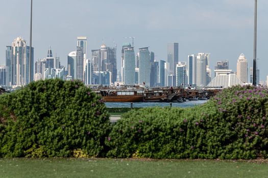 Doha, Qatar - Nov 21. 2019. View of West Bay Doha skyscrapers from the Persian Gulf