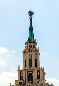 Moscow, Russia - 11 July. 2021. spire with star on roof of Leningradskaya Hotel. One of the 7 Stalinist skyscrapers