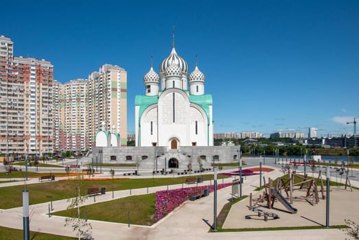 Krasnogorsk, Russia - 22 July. 2021. The Cathedral of St. Nicholas in Pavshinskaya floodplain