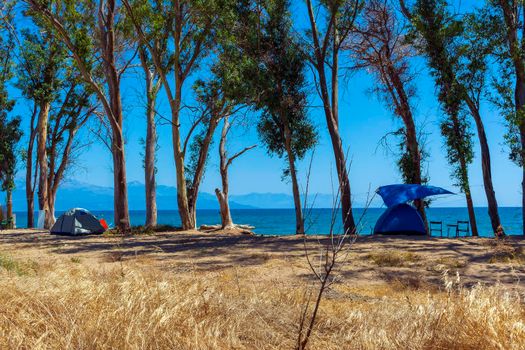 Tourist tent on sandy beach near the blue sea at Velika beach, Messinia. Greece. Camping on sandy beach.