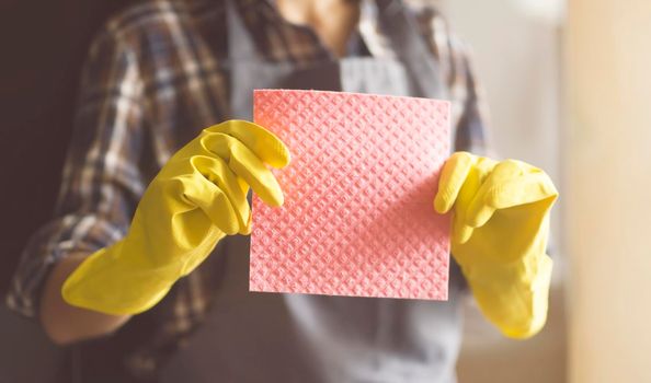 Young female hands in yellow rubber gloves hold a new pink sponge for cleaning the house and wiping surfaces. A female housekeeper in a plaid shirt and a gray apron holds a rag and plans to disinfect.