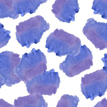 Seamless Pattern with Blue and Violet Watercolor Spots. Hand Drawn Blobs on White Background.