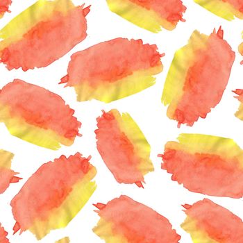 Seamless Pattern with Red and Yellow Watercolor Spots. Hand Drawn Blobs on White Background.