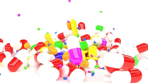 Color pills vitamins capsule drug falls on white surface 3d render