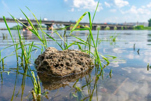 Lonely weathered stone lying in the river against the background of the bridge