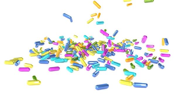 Color pills falls on white surface Medical pharmacy intro 3d render