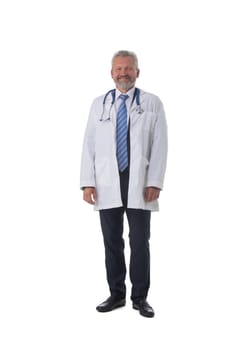 Portrait of smiling mature male doctor isolated on white background