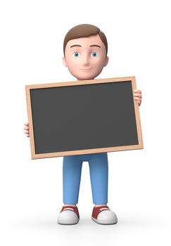 Young Boy Holding a Blank Blackboard. 3D Cartoon Character. Isolated on White Background 3D Illustration with Copy Space