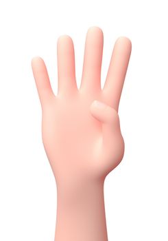 Four Fingers Raised Hand. 3D Cartoon Character. Isolated on White Background 3D Illustration, Number 4 Concept