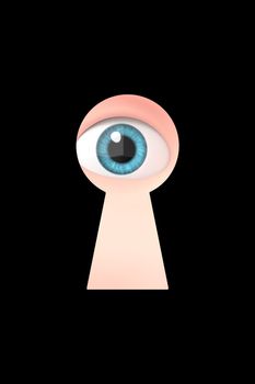 Young Boy Blue Eye Peeking Through a Keyhole. 3D Cartoon Character. 3D Illustration, Curiosity Concept