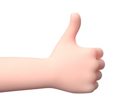 Raised Thumb Hand. 3D Cartoon Character. Isolated on White Background 3D Illustration, Approval Concept