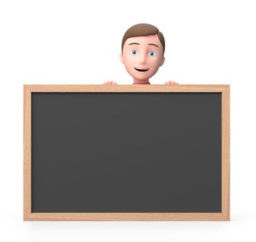 Young Boy Behind a Big Blank Blackboard. 3D Cartoon Character. Isolated on White Background 3D Illustration with Copy Space