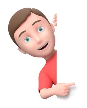 Cute Young Boy Pointing a White Blank Banner. 3D Cartoon Character. Isolated on White Background 3D Illustration