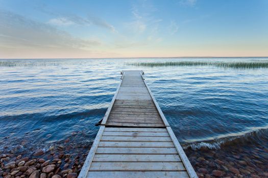 Boating dock at shore of large Lesser Slave Lake in Alberta, Canada