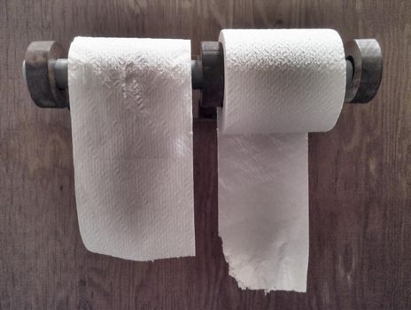 Two rolls of toilet paper in wood holder on wooden privy wall