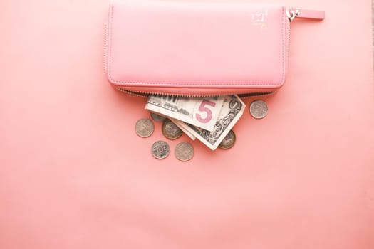 us dollar cash in leather on pink background .