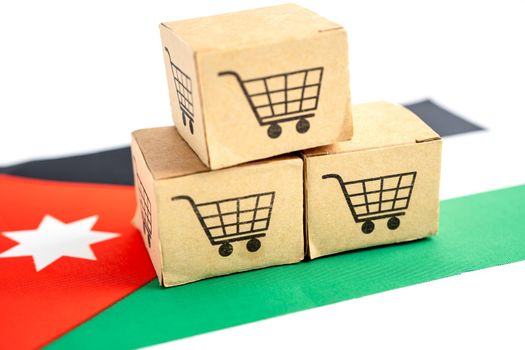 Box with shopping cart logo and Jordan flag, Import Export Shopping online or eCommerce finance delivery service store product shipping, trade, supplier concept.