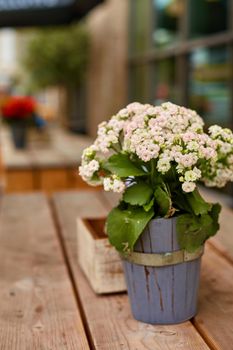 A bouquet of flowers in a decorative wooden vase outdoor table decoration.