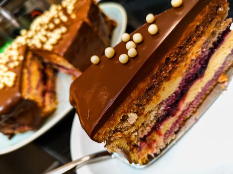 A piece of chestnut chocolate cake with fruits cream and small white chocolate balls