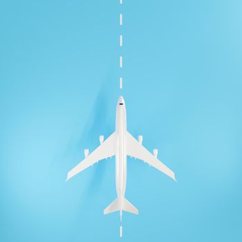 Top view of Airplane during landing or taking off over ground on runway from the airport, Large jet plane takeoff on blue background, business travel flight concept, 3D rendering illustration