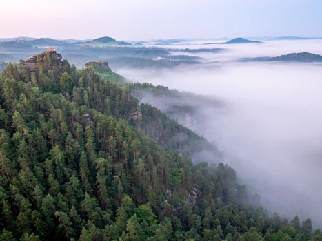 Morning view to misty Swiss Bohemian landscape during sunrise. Morning mist and fog over the valley near Jetrichovice village and forest in Bohemian Switzerland, Czech republic. Sandstone hills.