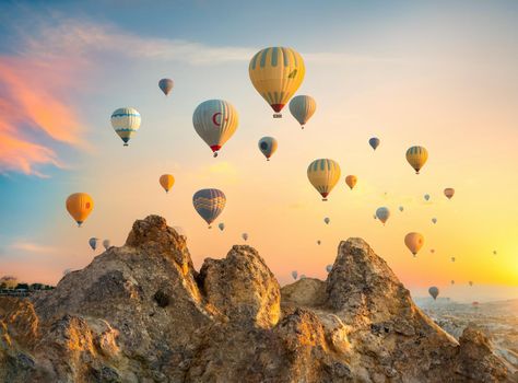 Hot air balloons flying over Cappadocia, Turkey