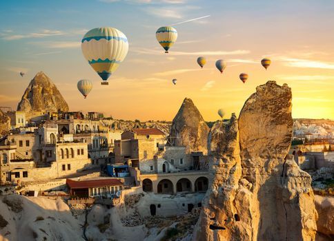 Hot air balloons flying over Cappadocia, Turkey