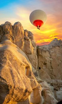 Hot air balloon flying over Cappadocia, Turkey