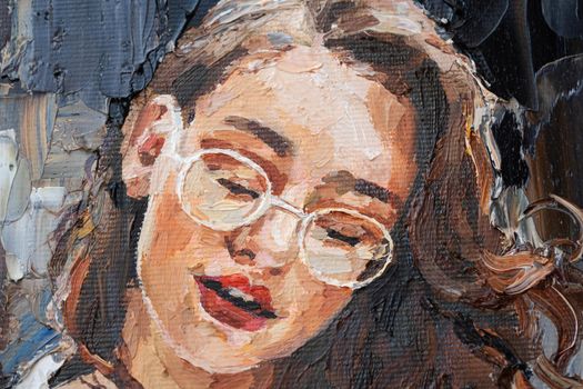 A girl with glasses is reading a newspaper. The woman is resting in a cafe. Oil painting on canvas.