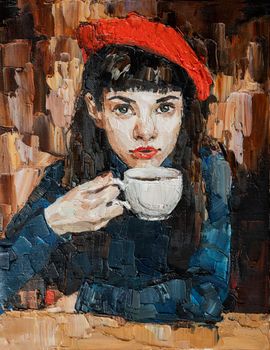 .The girl in the red beret..A woman is drinking coffee in a cafe. Oil painting on canvas.