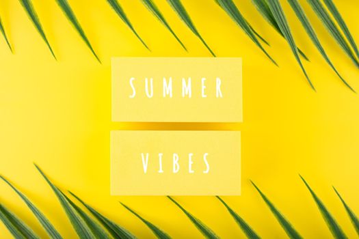 Summer vibes creative concept. Holiday backdrop with summer vibes inscription on yellow background with palm leaves. Template for banner, postcard, poster or flyer