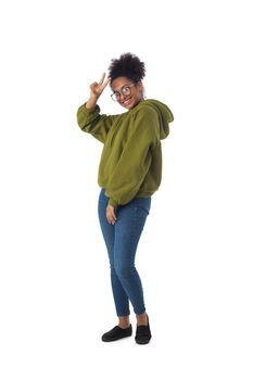 Black woman with peace sign full length portrait isolated over a white background
