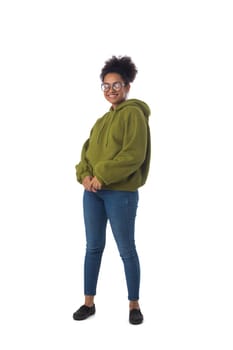 Black woman wearing casual clothes full length portrait isolated over a white background