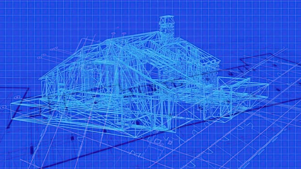 3d illustration - Technical Drawing of floor design being drawn with great detail and ready 3d model of house