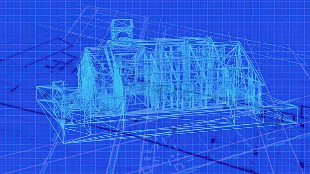 3d illustration - Technical Drawing of floor design being drawn with great detail and ready 3d model of house