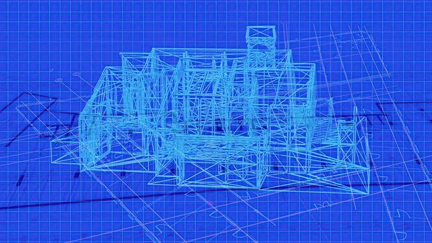 3d illustration - Technical Drawing of floor design being drawn with great detail and ready 3d model of house