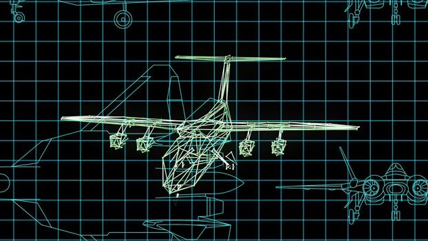 3d illustration - Technical Drawing of airplane design being drawn with great detail 