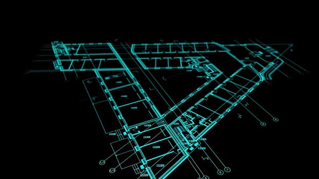 3d illustration - Technical Drawing of floor design being drawn with great detail and ready 3d model of house