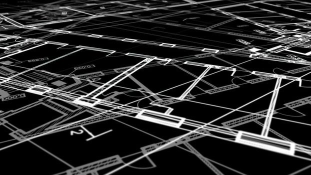 3d illustration - Technical Drawing of floor design being drawn with great detail and ready 3d model of house