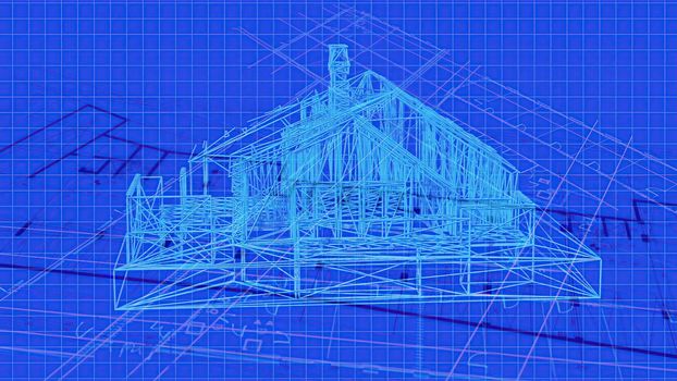 3d illustration - Technical Drawing of floor design being drawn with great detail and ready 3d model of house