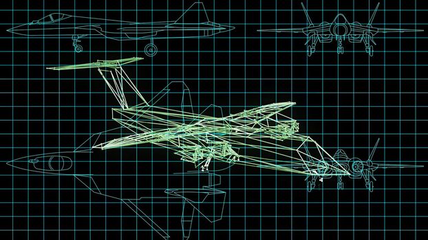 3d illustration - Technical Drawing of airplane design being drawn with great detail 