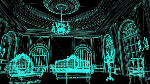 3d illustration - Wireframe Model Of Pompous Palace With Columns