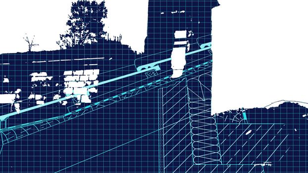 3d illustration - Technical Drawing of roof design being drawn with great detail and ready church in cartoon style in background