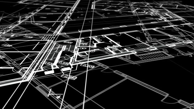 3d illustration - Technical Drawing of floor design being drawn with great detail and ready 3d model of house