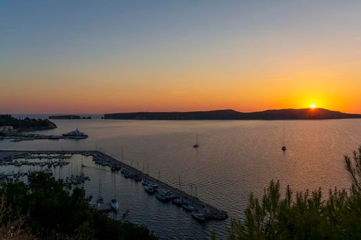 Sea view of the town of Pylos, historically known as Navarino, located on the Bay of Navarino in Messenia, Peloponnese, Greece.