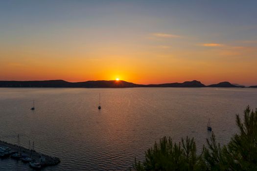 Sea view of the town of Pylos, historically known as Navarino, located on the Bay of Navarino in Messenia, Peloponnese, Greece.