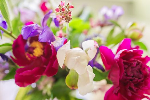 Abstract multicolored floral background texture, close-up flowers and buds peonies irises lupine in defocus, season spring summer, natural beauty, background image