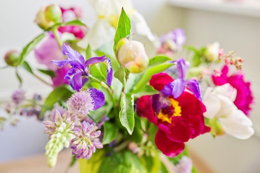 Abstract multicolored floral background texture, close-up flowers and buds peonies irises lupine in defocus, season spring summer, natural beauty, background image