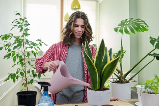 A teenager guy watering indoor plants in pots, sansevieria. Hobbies, leisure, caring for green pets, eco trends, gardening at home, garden inside